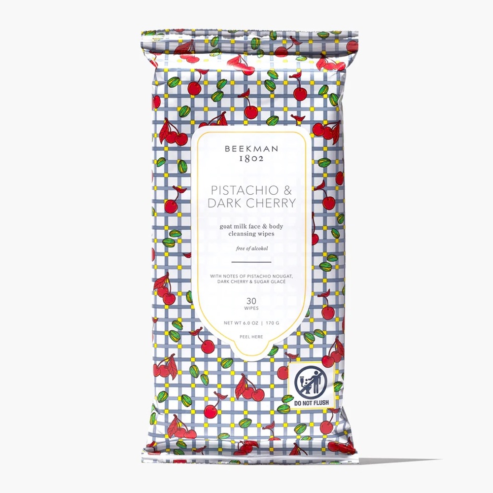 Beekman 1802 Pistachio & Dark Cherry Face & Body Cleansing Wipes- travel, purse